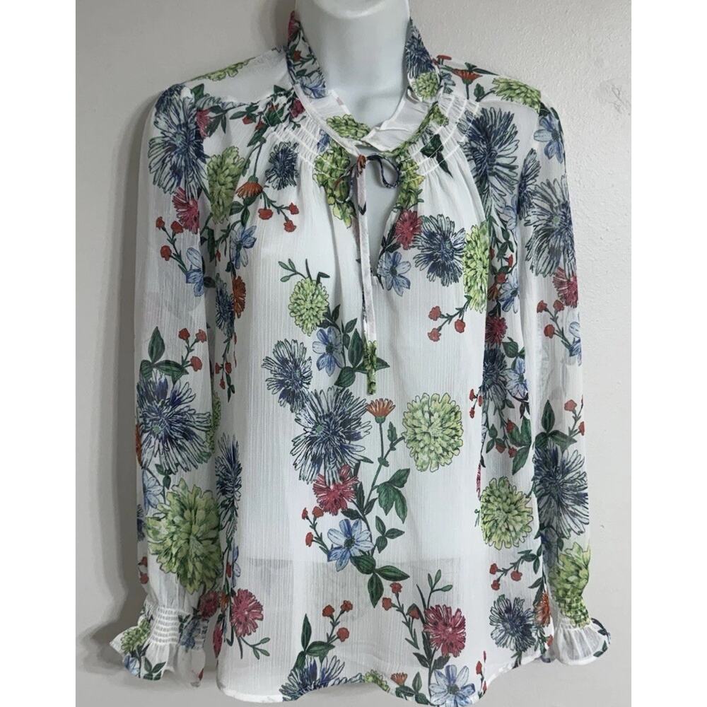 Loft Blouse Women’s Petite Medium MP Long Sleeve Sheer Top Split Neck Tie NEW